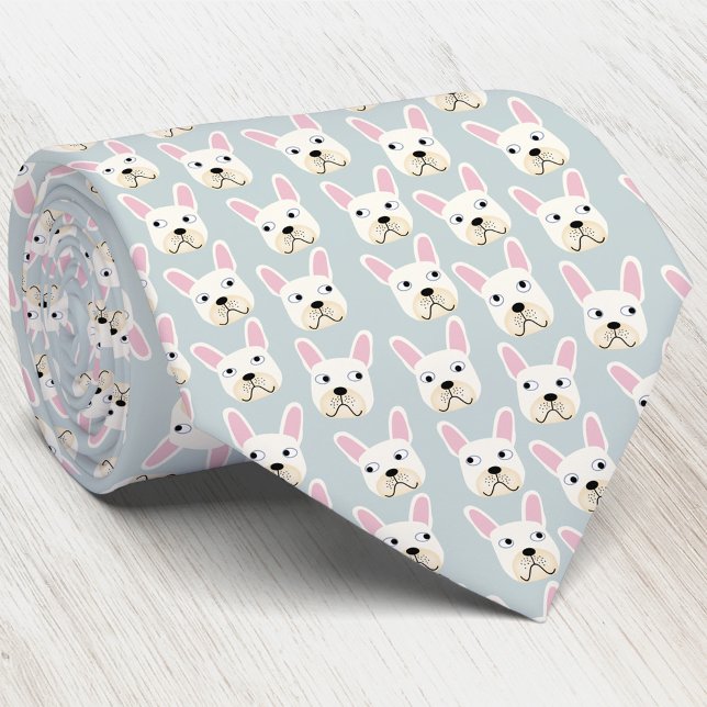 White and Cream French Bulldog Neck Tie (White and cream French Bulldog pattern pale blue art neck tie)