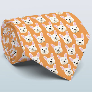 White and Cream French Bulldog Orange Neck Tie