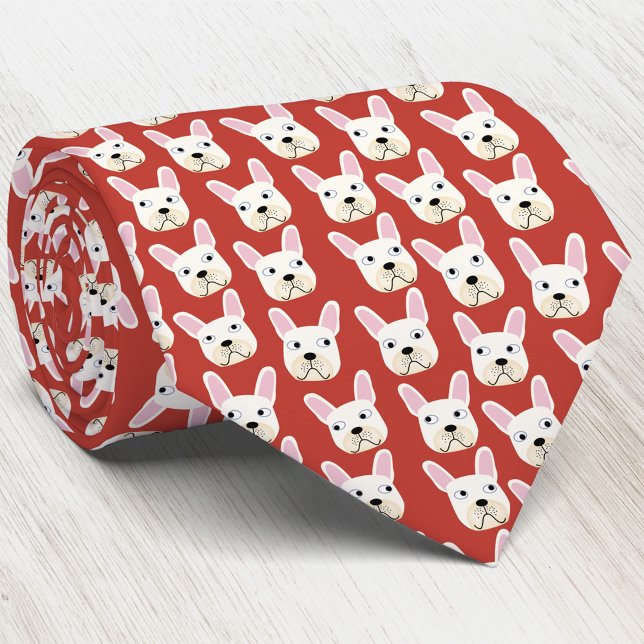 White and Cream French Bulldog Red Neck Tie (White and cream French Bulldog dog pattern red art neck tie)