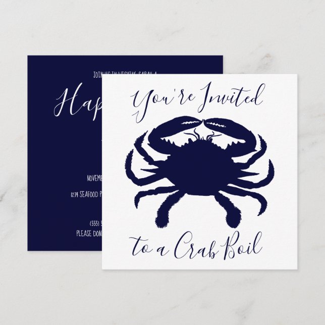 White and Dark Blue Crab Boil Birthday Invitation (Front/Back)