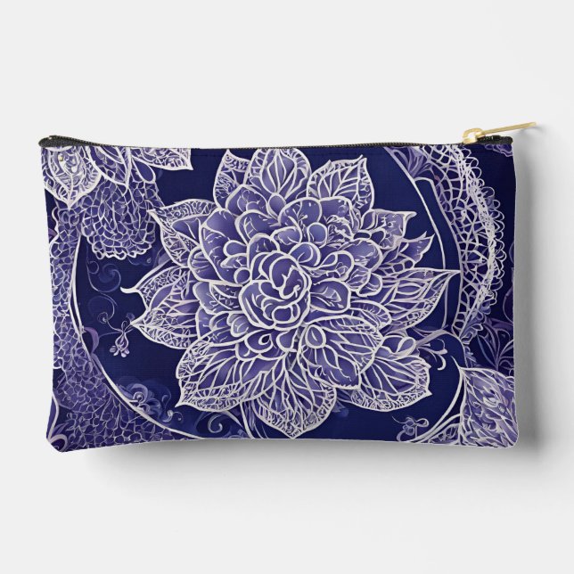 White and dark blue floral patterns AI art  Accessory Pouch (Back)