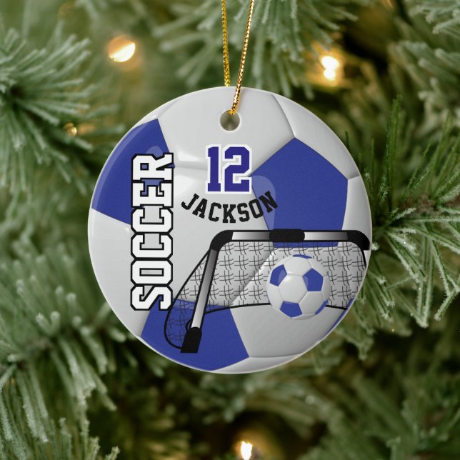 White and Dark Blue Personalise Soccer Ball Ceramic Tree Decoration (Tree)