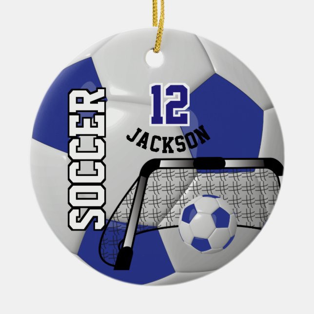 *White and Dark Blue Personalise Soccer Ball Ceramic Tree Decoration (Front)