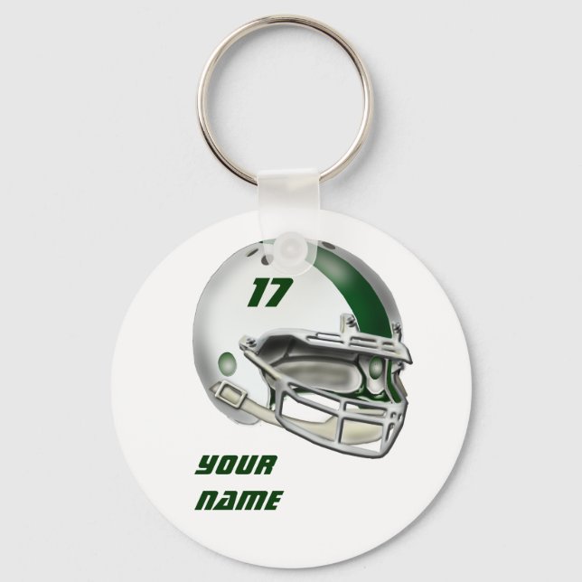 White and Dark Green Football Helmet Key Ring (Front)
