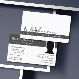 White and Dark Grey with Monogram and Photo Chic Business Card