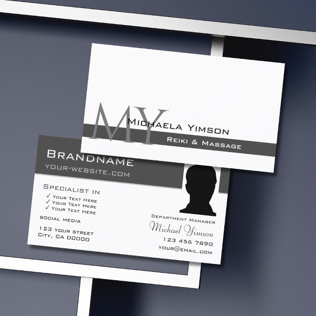White and Dark Grey with Monogram and Photo Chic Business Card (Creator Uploaded)
