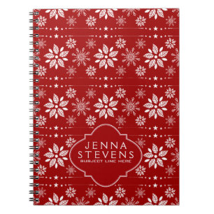 White And Dark Red Christmas Snowflakes Pattern Notebook