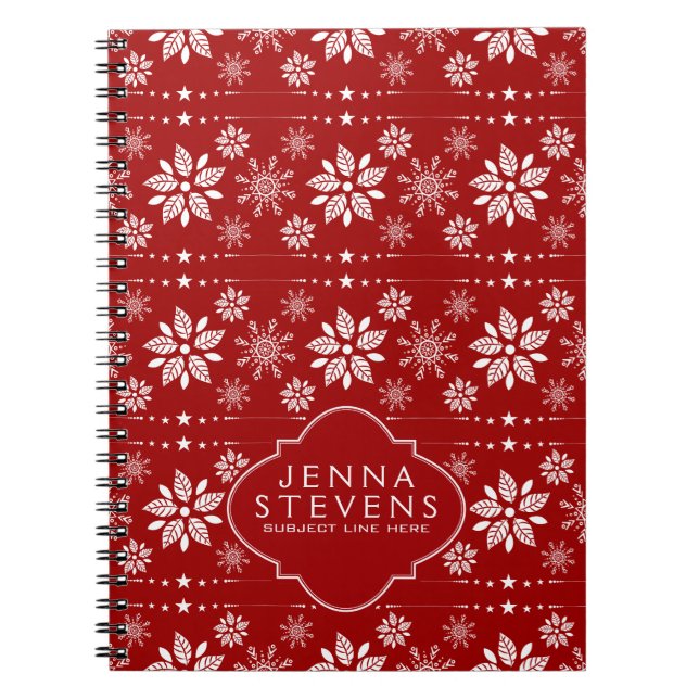White And Dark Red Christmas Snowflakes Pattern Notebook (Front)