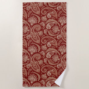 White And Dark Red Paisley Beach Towel