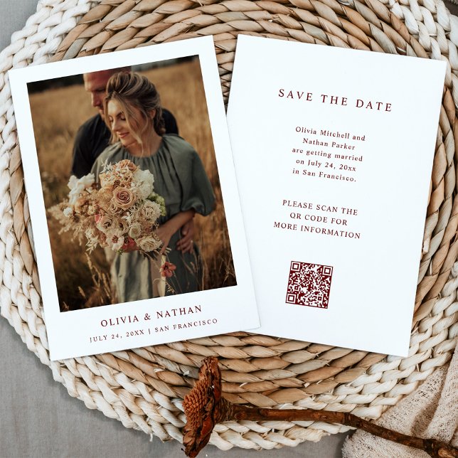 White and Dark Red Text and Photo Wedding QR Code Save The Date (Creator Uploaded)