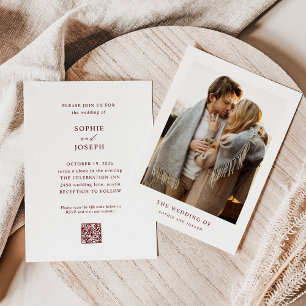 White and Dark Red Text Photo QR Code Wedding Invitation