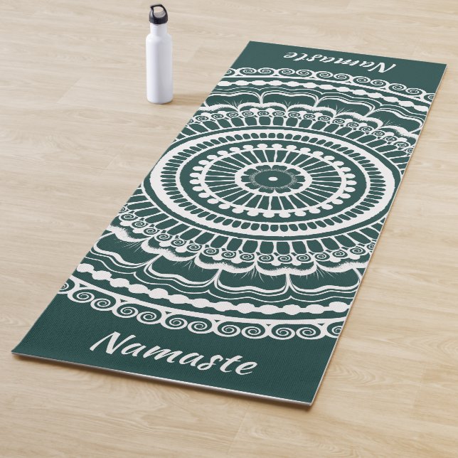 White and Dark Teal Mehndi Henna Mandala Yoga Mat (In Situ)