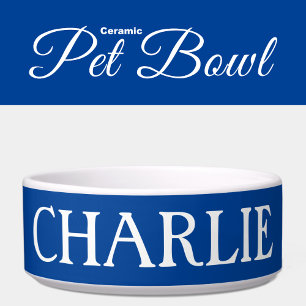 White and deep blue with a name cat or dog bowl