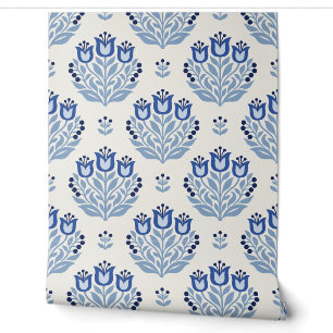 White and Delft Blue Folk Tulip Floral Wallpaper