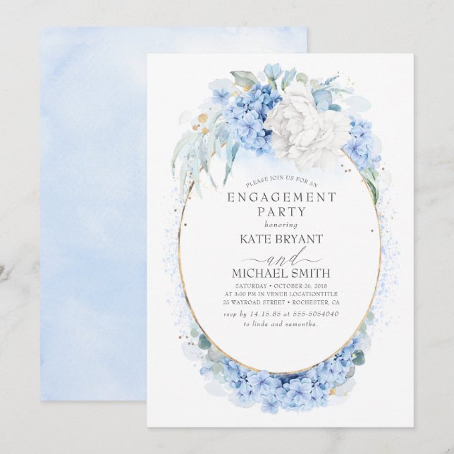 White and Dusty Blue Floral Engagement Party Invitation (Front/Back)