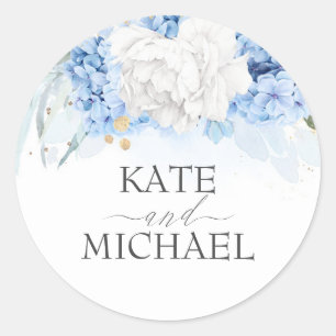 White and Dusty Blue Floral Wedding Classic Round Sticker