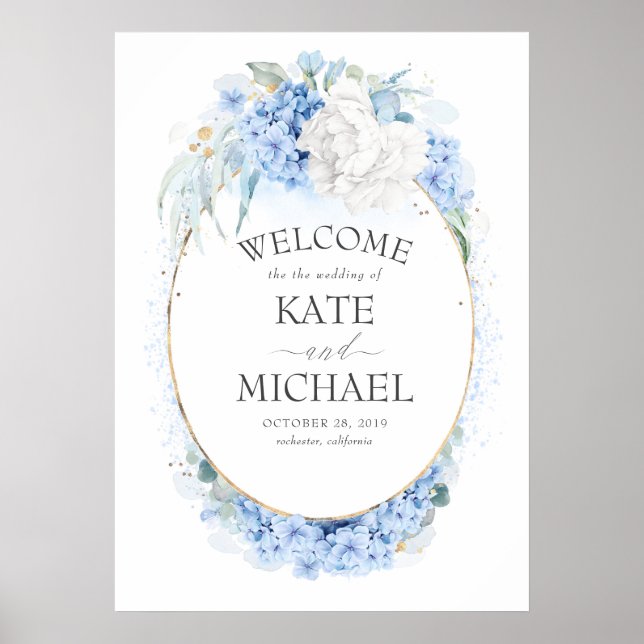 White and Dusty Blue Floral Wedding Welcome Poster (Front)