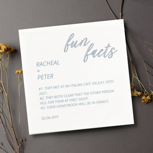 White and Dusty Blue Modern Fun Facts Wedding  Napkin (Creator Uploaded)