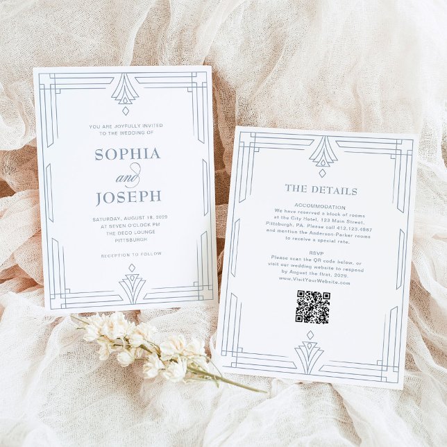 White and Dusty Blue | QR Code All in One Wedding Invitation (Creator Uploaded)
