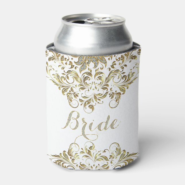 White And Faux Glitter & Gold Floral Lace Can Cooler (Can Front)