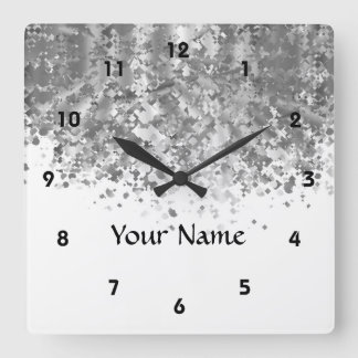 White and faux glitter personalised square wall clock