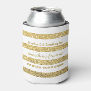 White and Faux Gold Glitter Stripes Wedding Can Cooler