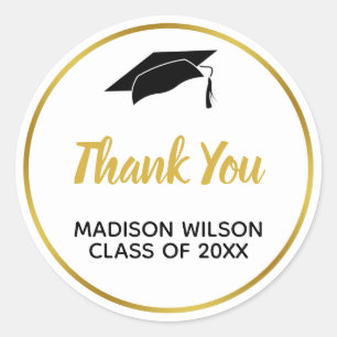 White and Faux Gold Graduation Thank You Classic Round Sticker
