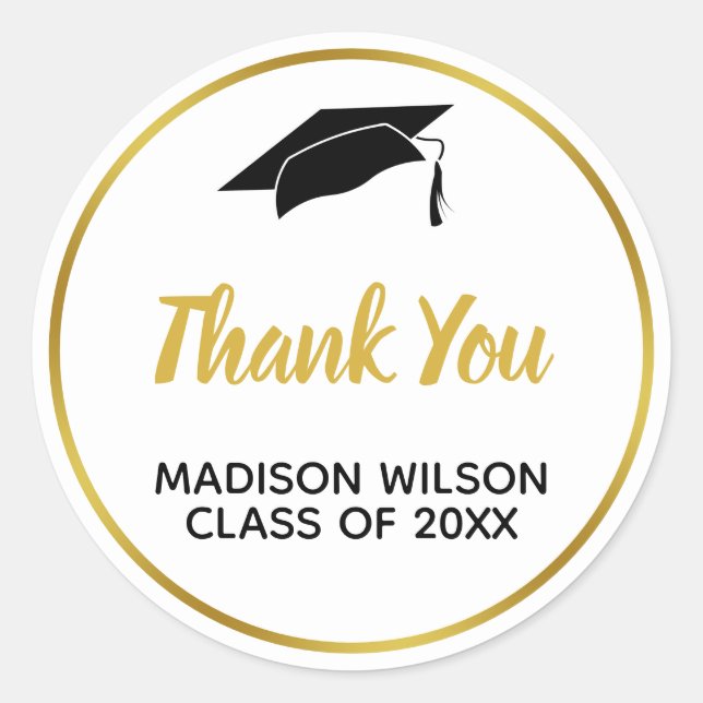 White and Faux Gold Graduation Thank You Classic Round Sticker (Front)
