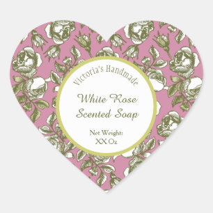 White and Faux Gold Rose on Pink Editable Soap Heart Sticker
