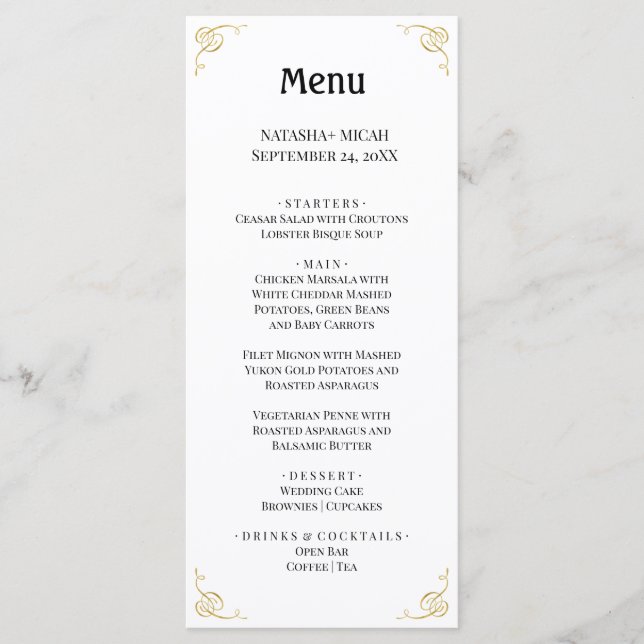 White and Faux Gold Simple Elegant Menu (Front)