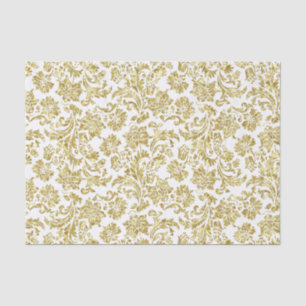 White And Faux Metallic Gold Floral Damasks Tissue Paper