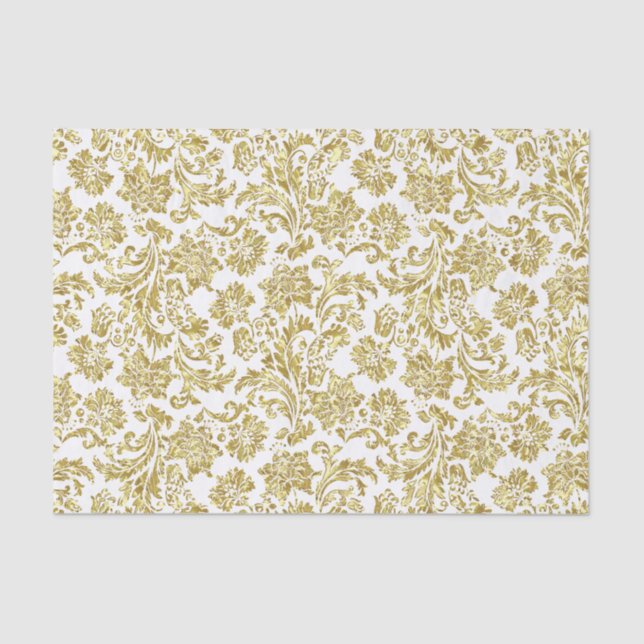 White And Faux Metallic Gold Floral Damasks Tissue Paper (Front)