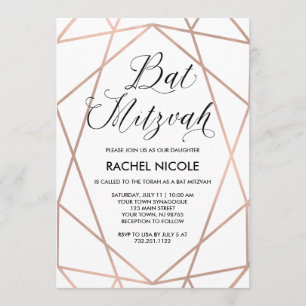 White and Faux Rose Gold Geometric Bat Mitzvah Invitation