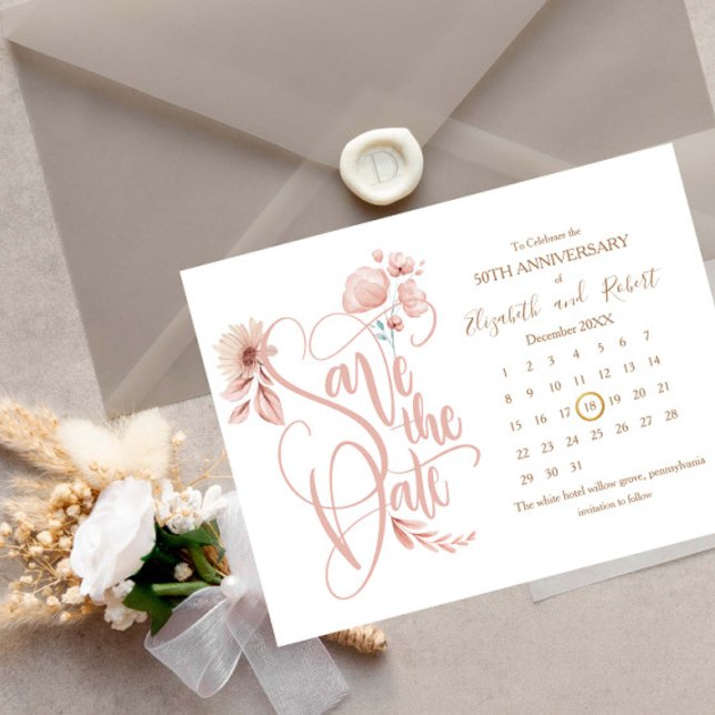 White and Floral 50th Anniversary Save The Date Announcement Postcard (Creator Uploaded)