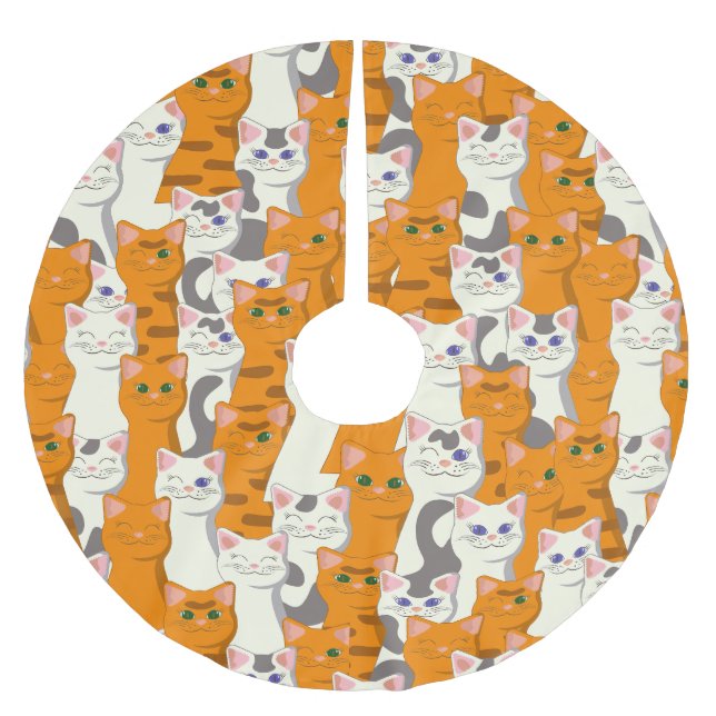 White and ginger cats pattern green eyes blue eyes brushed polyester tree skirt (Front)