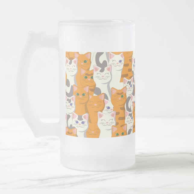White and ginger cats pattern green eyes blue eyes frosted glass beer mug (Left)