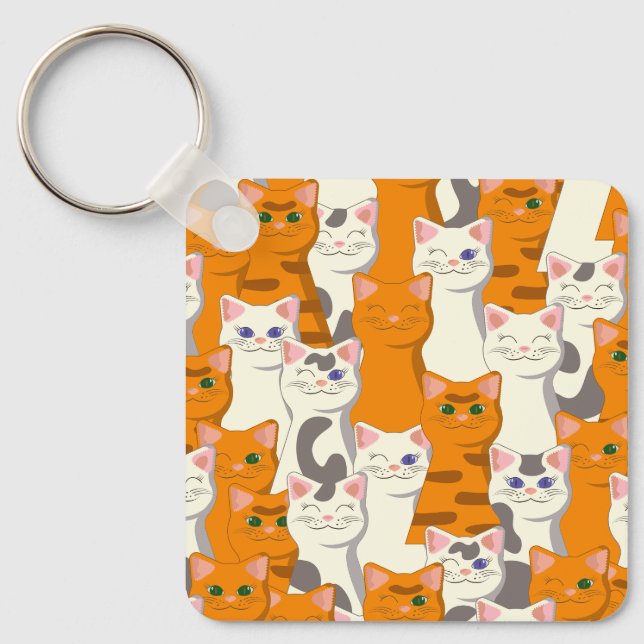 White and ginger cats pattern green eyes blue eyes key ring (Front)
