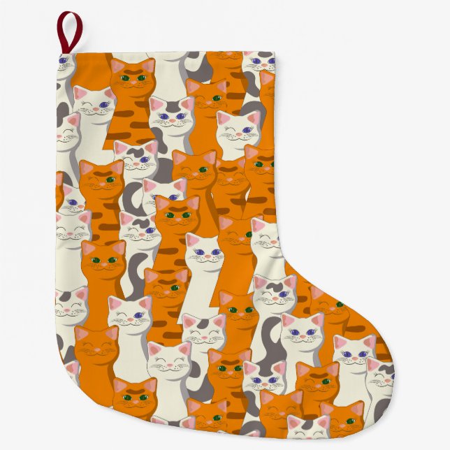 White and ginger cats pattern green eyes blue eyes large christmas stocking (Front)