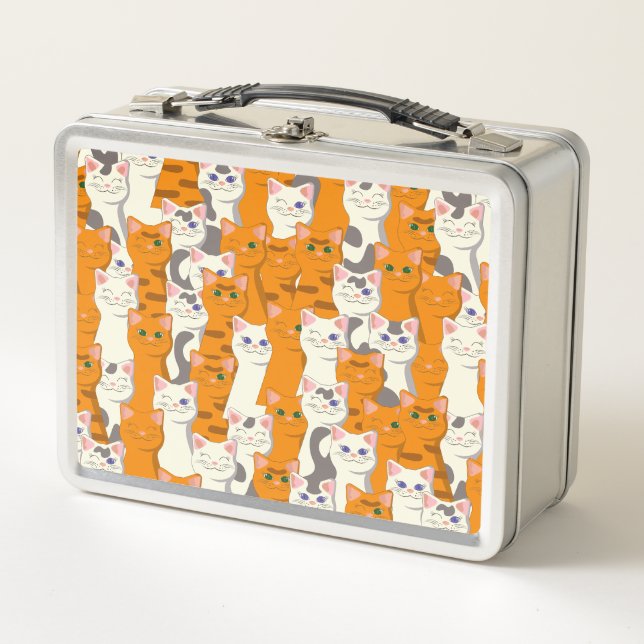 White and ginger cats pattern green eyes blue eyes metal lunch box (Front)