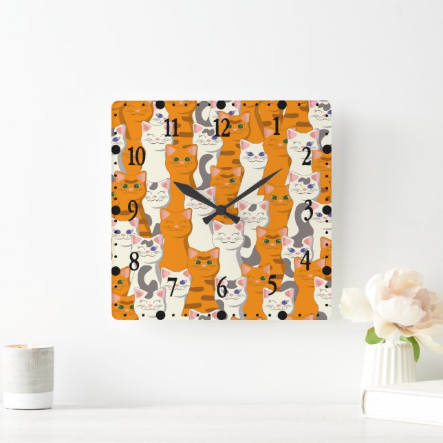 White and ginger cats pattern green eyes blue eyes square wall clock (Home)