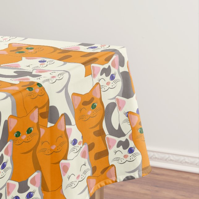 White and ginger cats pattern green eyes blue eyes tablecloth (In Situ)