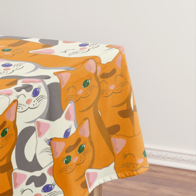 White and ginger cats pattern green eyes blue eyes tablecloth (In Situ)