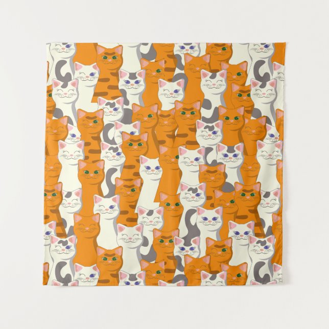 White and ginger cats pattern green eyes blue eyes tapestry (Front)