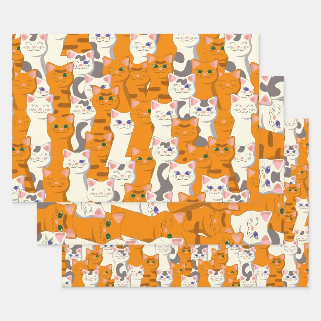 White and ginger cats pattern green eyes blue eyes wrapping paper sheet (Set)