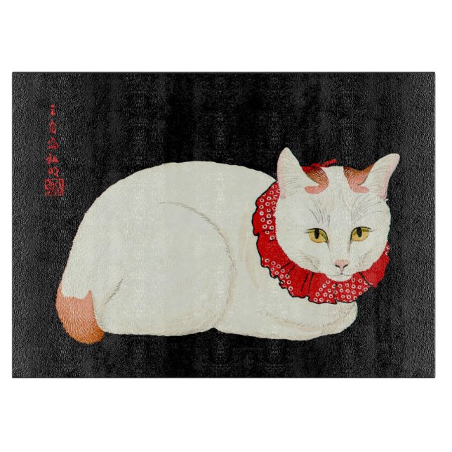 White and Ginger Japanese Cat Cutting Board (Front)