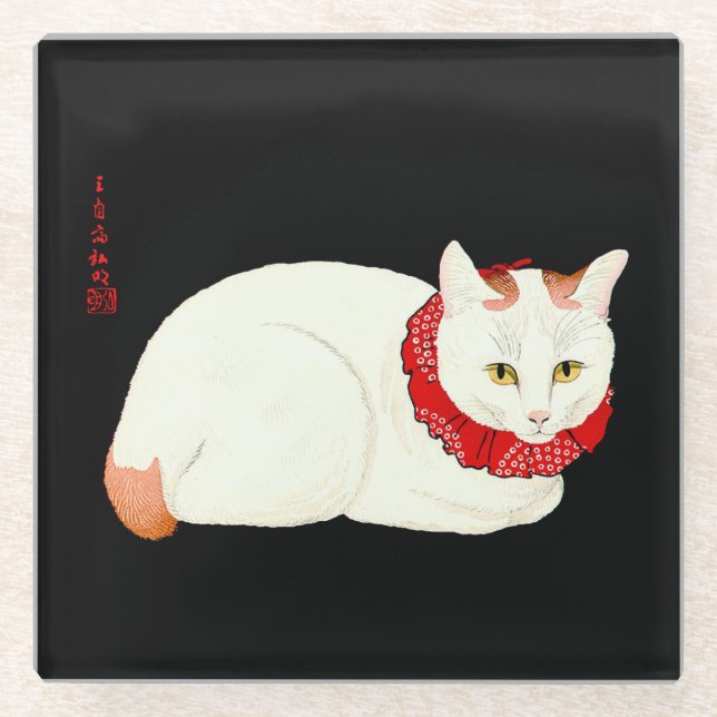 White and Ginger Japanese Cat Glass Coaster (Front)
