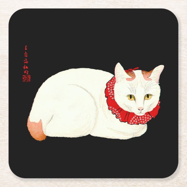 White and Ginger Japanese Cat Square Paper Coaster (Front)