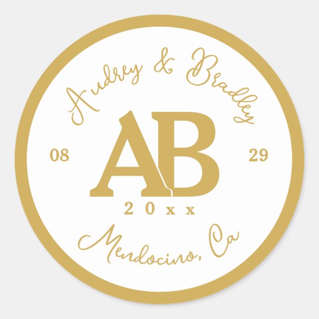 White and Gold 2 Letter Monogram Wedding Classic Round Sticker (Front)