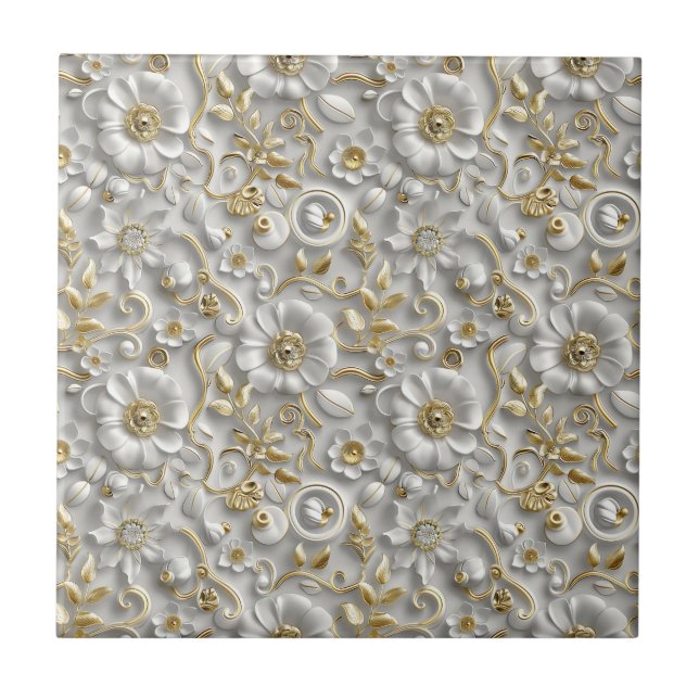 White And Gold 3D Elegant Floral Tile (Front)