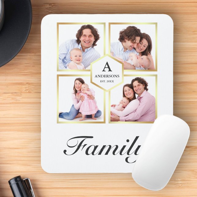 White and Gold 4 Pictures Family Photo Collage Mouse Mat (Creator Uploaded)